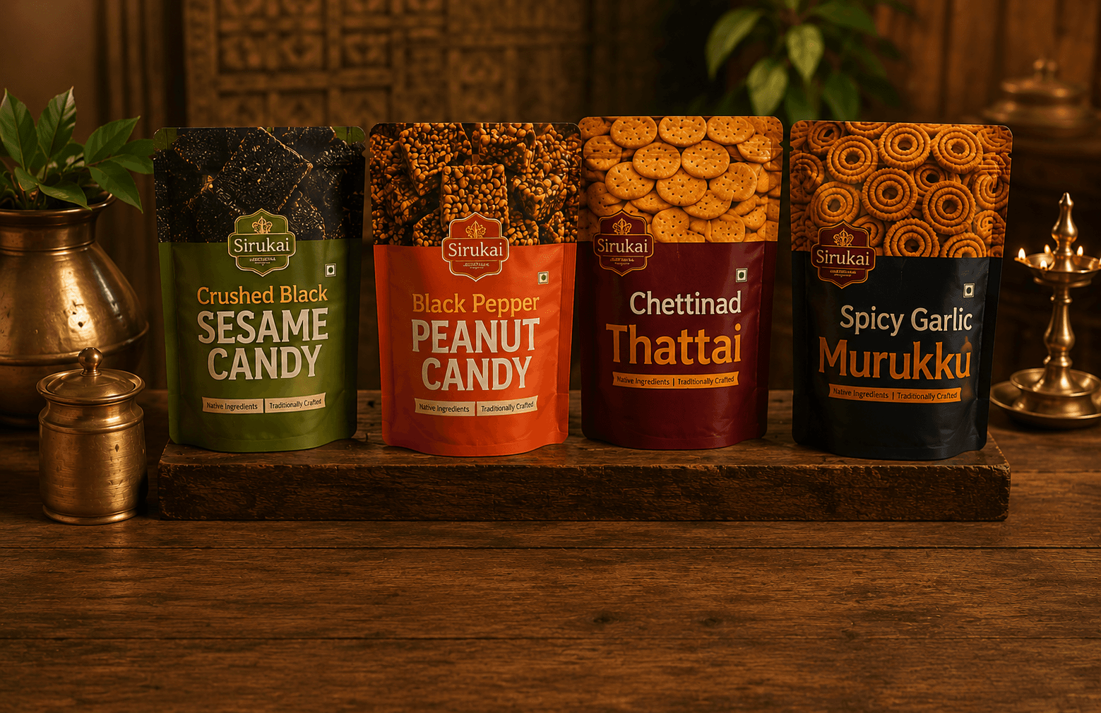 Sirukai snack packs: sesame candy, peanut candy, thattai and murukku